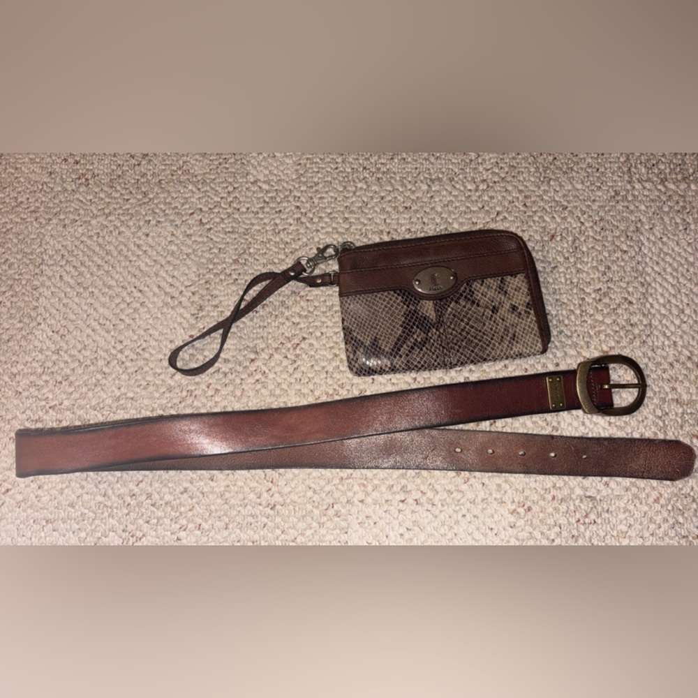 Brown Leather Belt and Snakeskin Wristlet Set